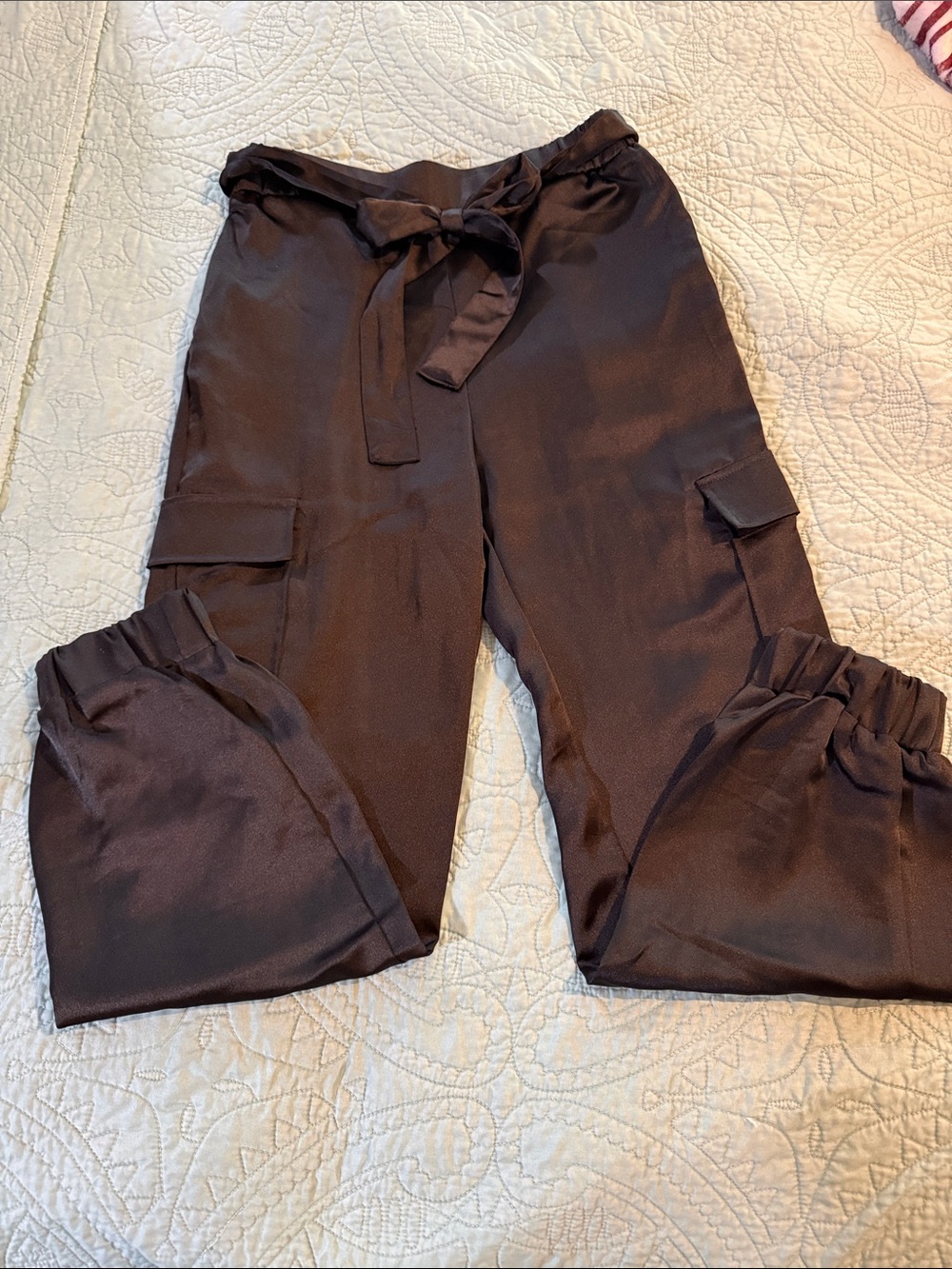 Satin look-Tie-Waist Cargo Joggers - Black